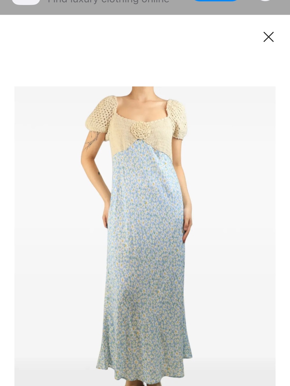 RIXO Cream Crochet Bodice with Blue Floral Maxi Dress